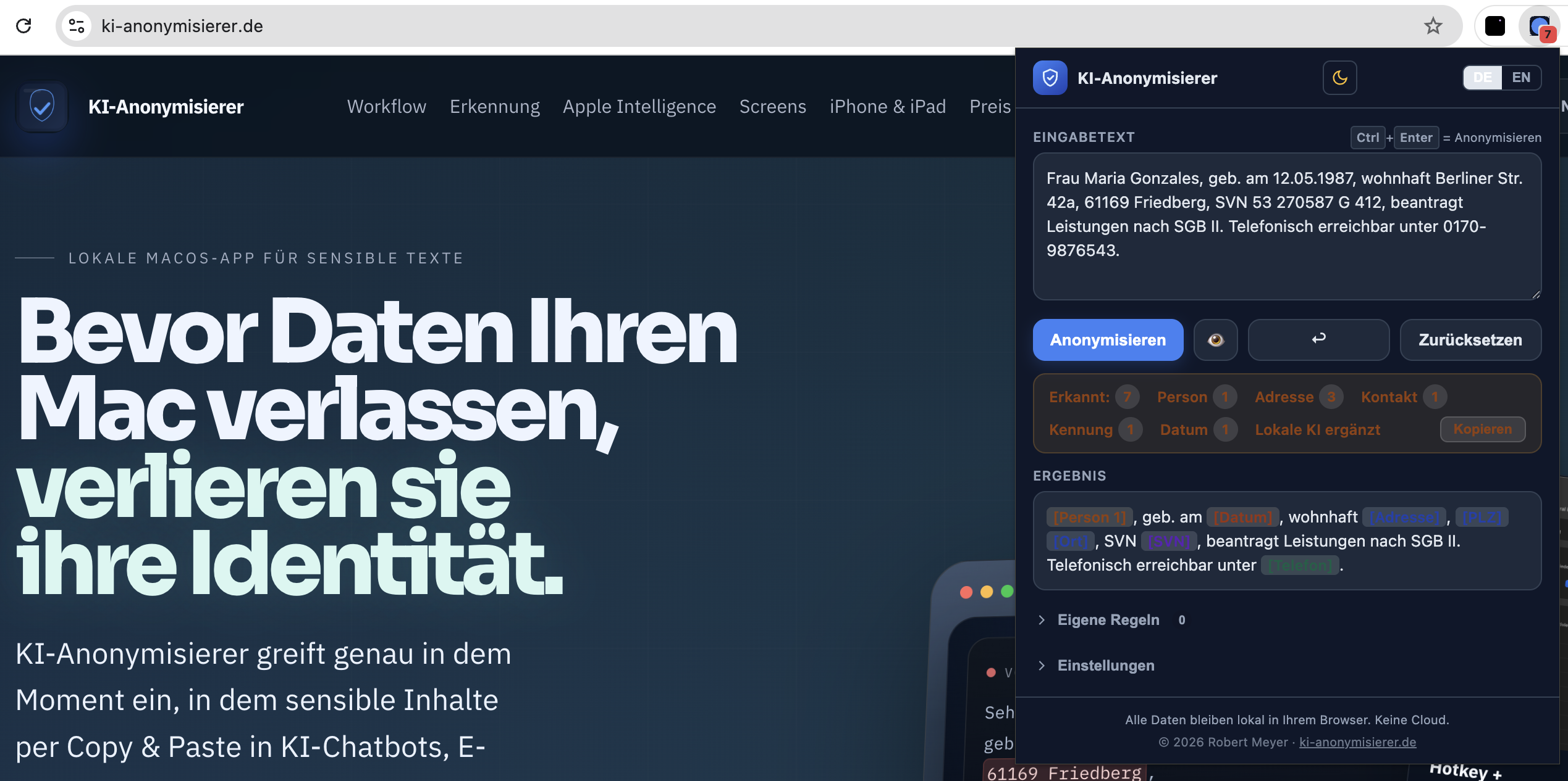 KI-Anonymisierer Chrome extension opened in the browser