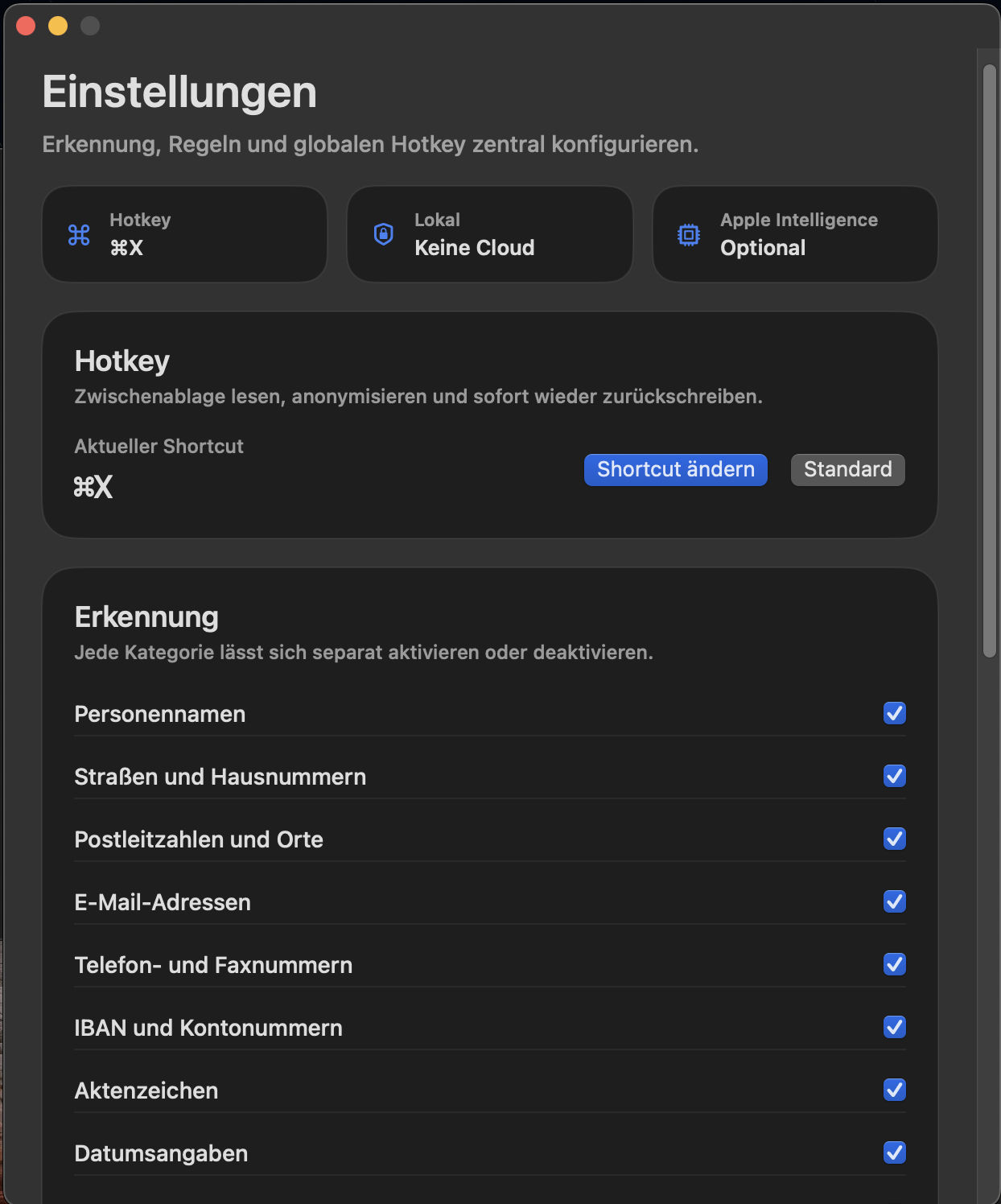 Oberer Bereich der Einstellungen von KI-Anonymisierer