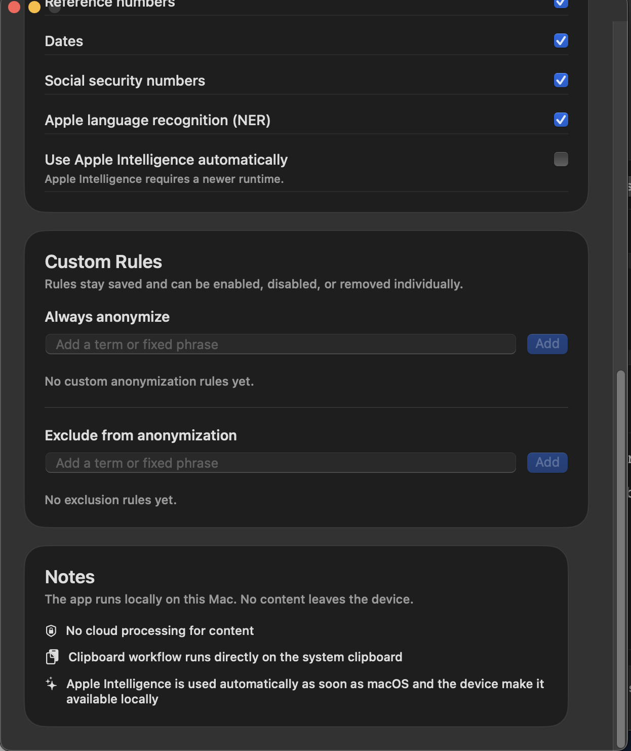 Lower settings area of KI-Anonymizer