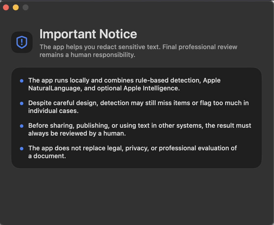 Legal notice window of KI-Anonymizer