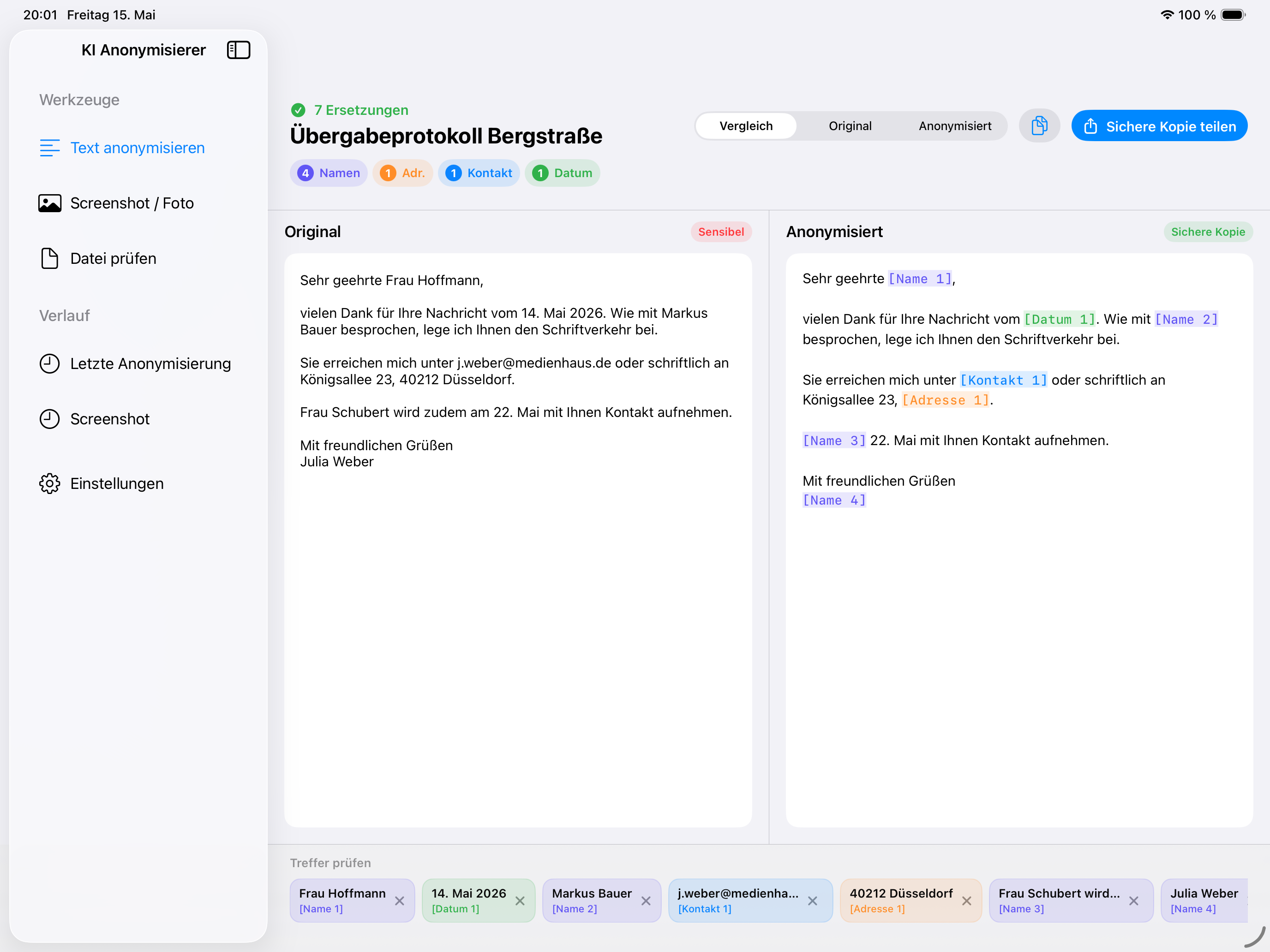 Text-Anonymisierung auf dem iPad mit Seitenleiste