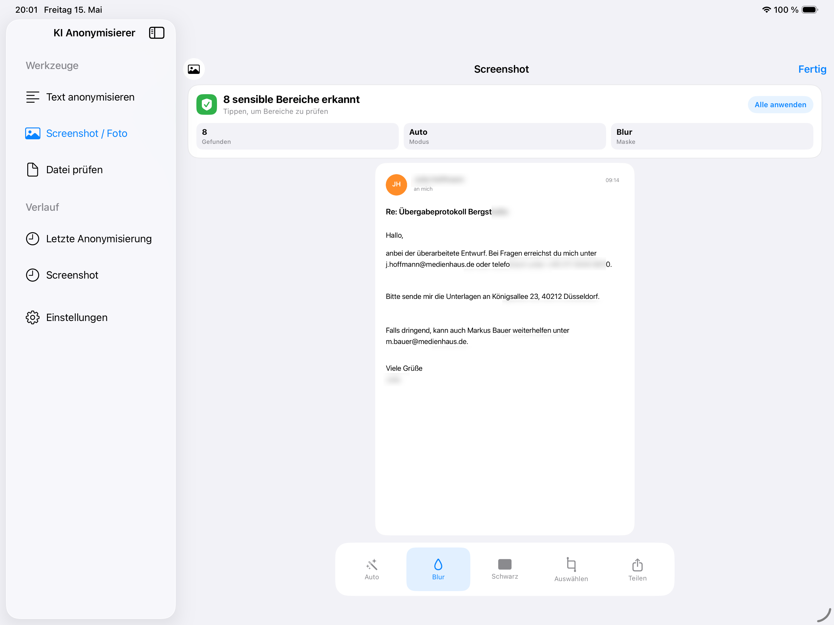 Anonymisierer Screenshot-Modus auf dem iPad