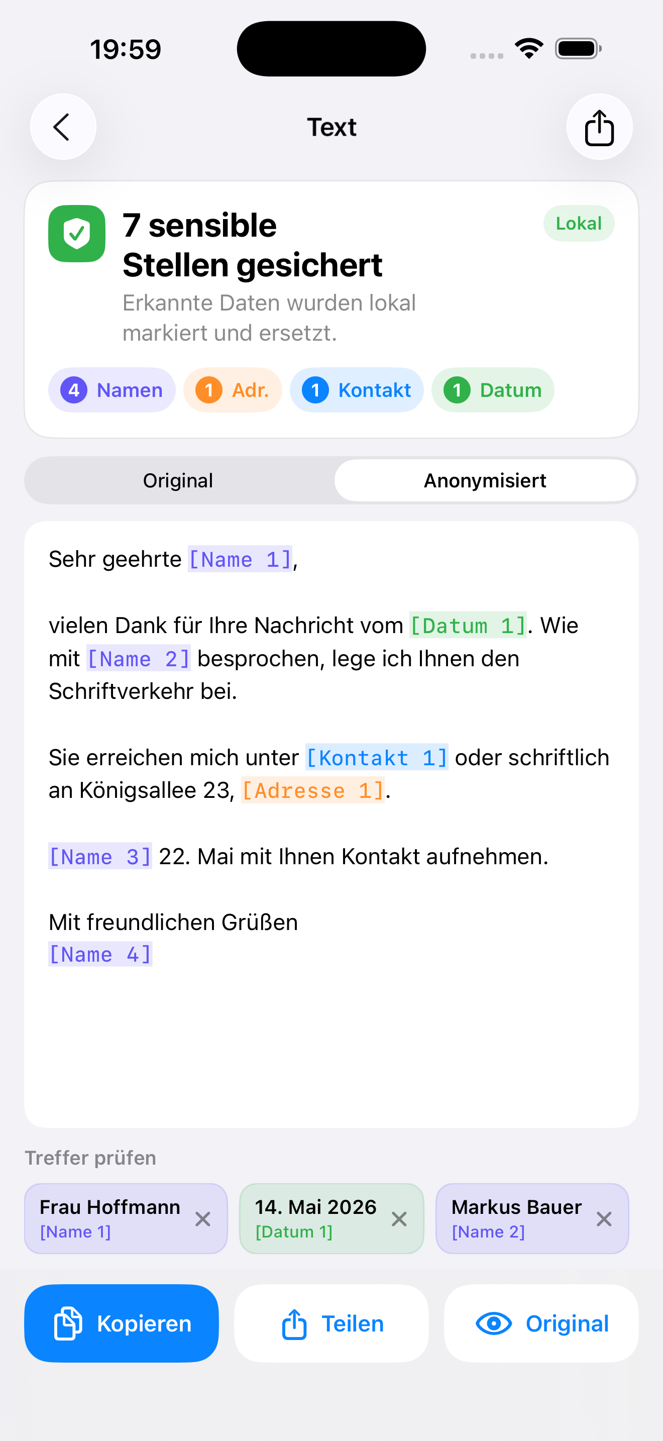 Anonymisierer Textmodus auf dem iPhone