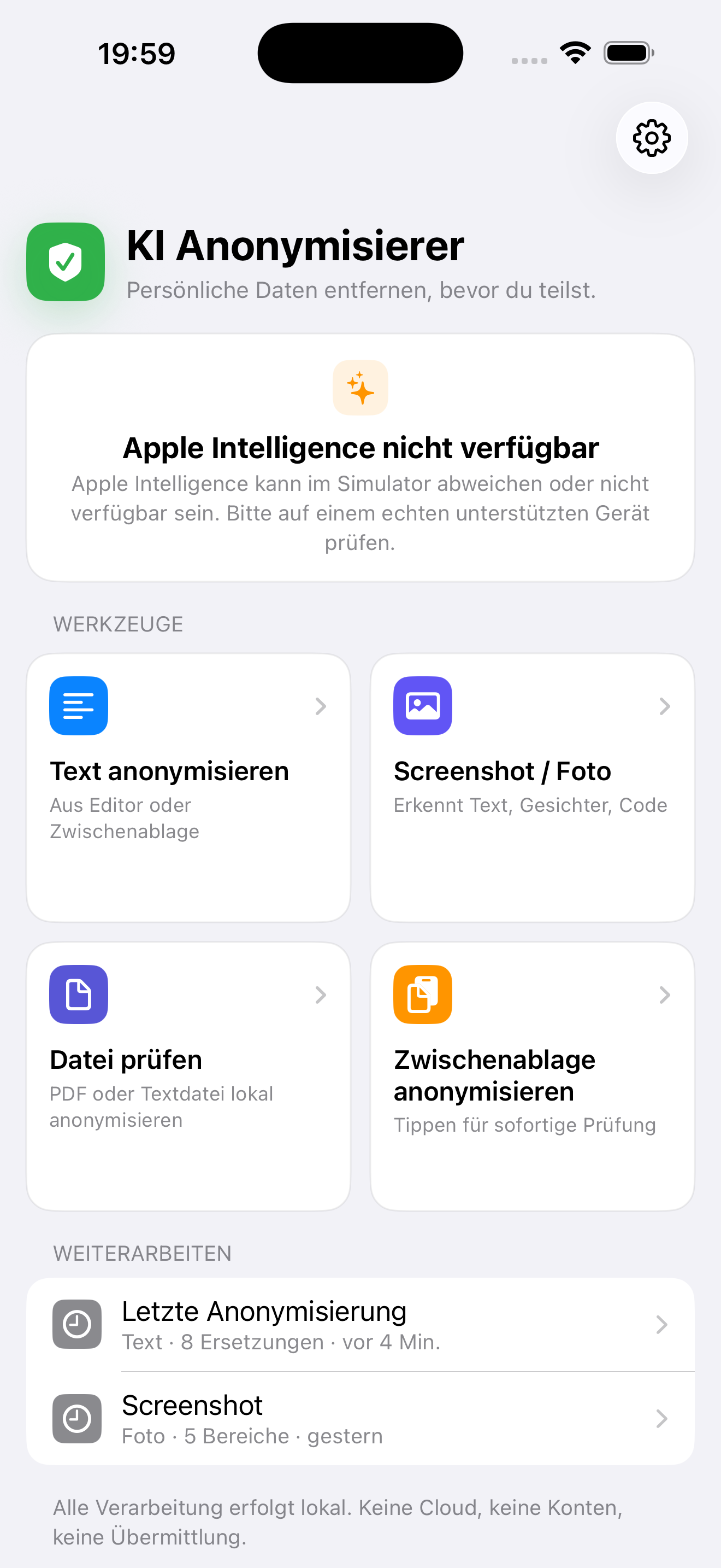 Startbildschirm der iPhone-App mit Auswahl der Anonymisierungsarten