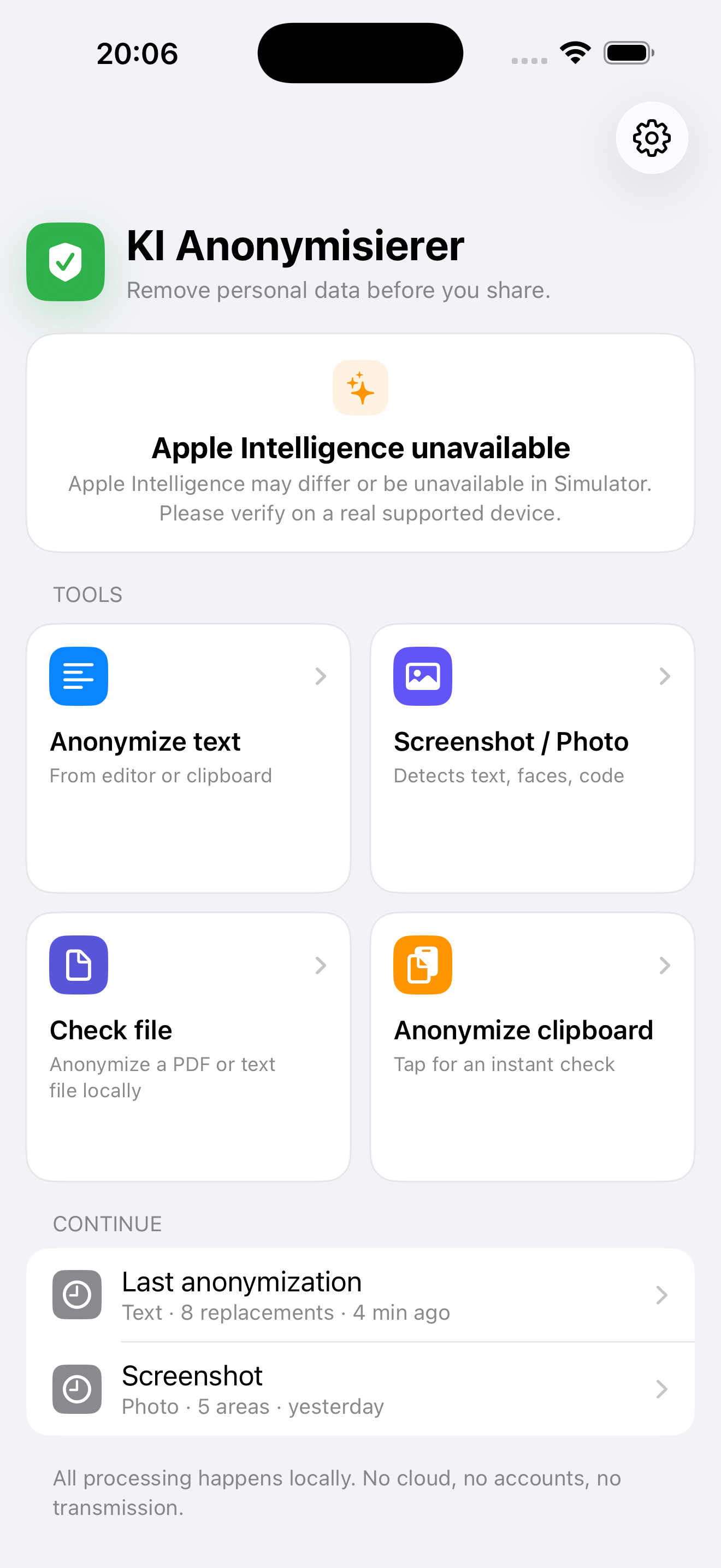 iPhone start screen with anonymization options