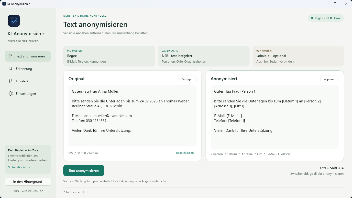 KI-Anonymisierer for Windows: original and anonymized text side by side